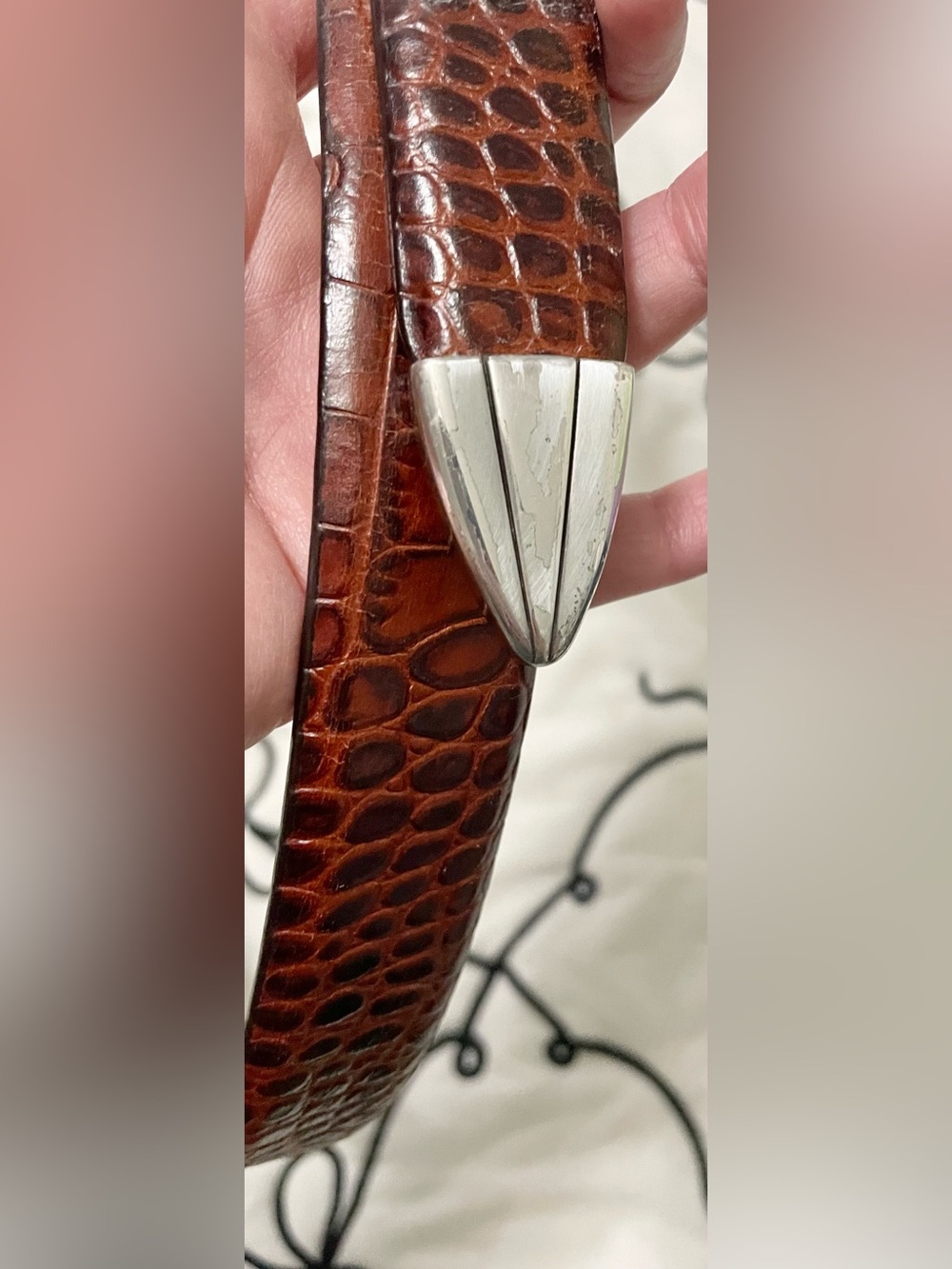 Brown Croc-Embossed Leather Belt with Silver Buckle - Picture 4 of 5